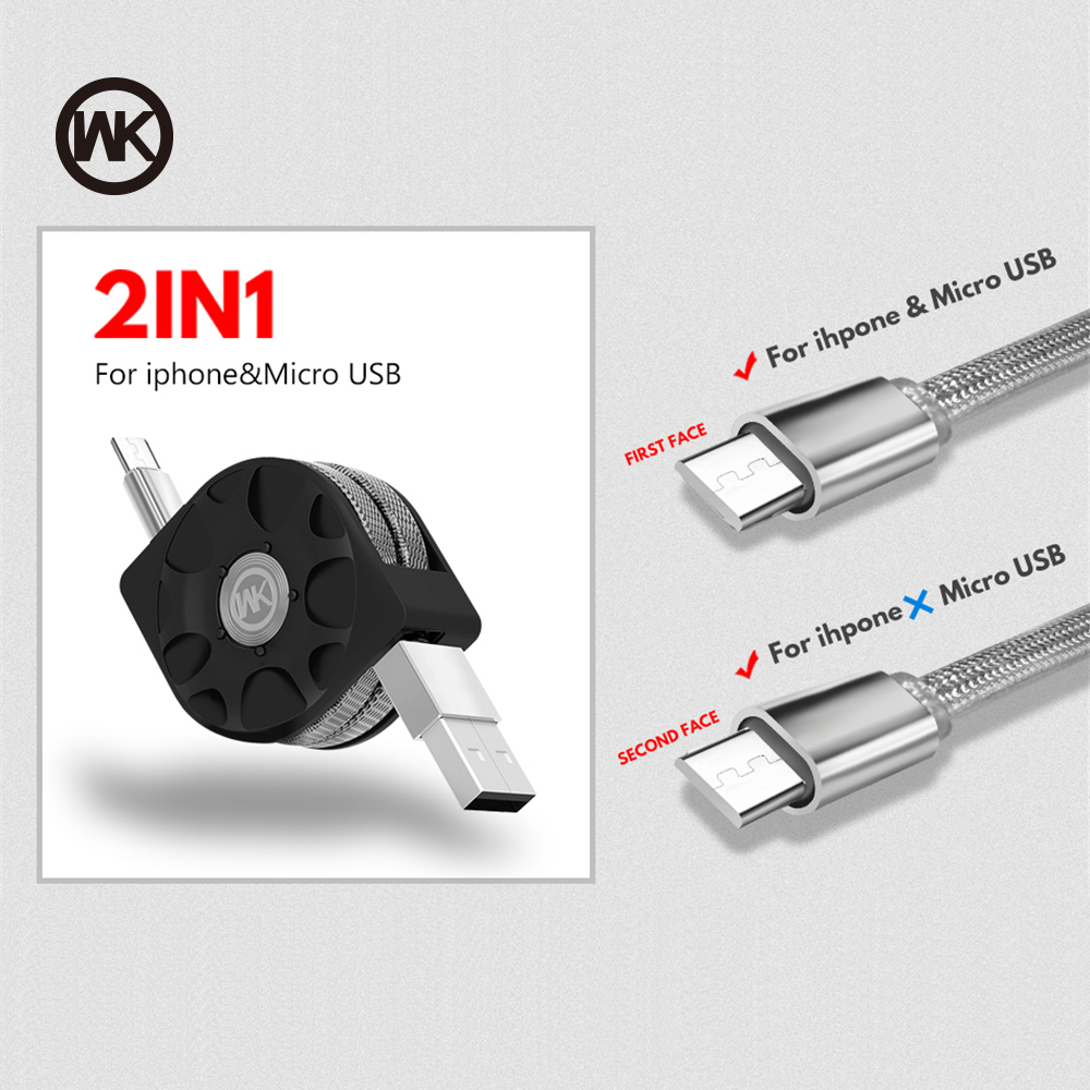 WK ONTWERP 2 in 1 Intrekbare Usb-kabel voor Apple iPhone X 6 7 8 Plus Micro USB Kabel voor samsung S8 S9 Plus Redmi Note 5 Pro